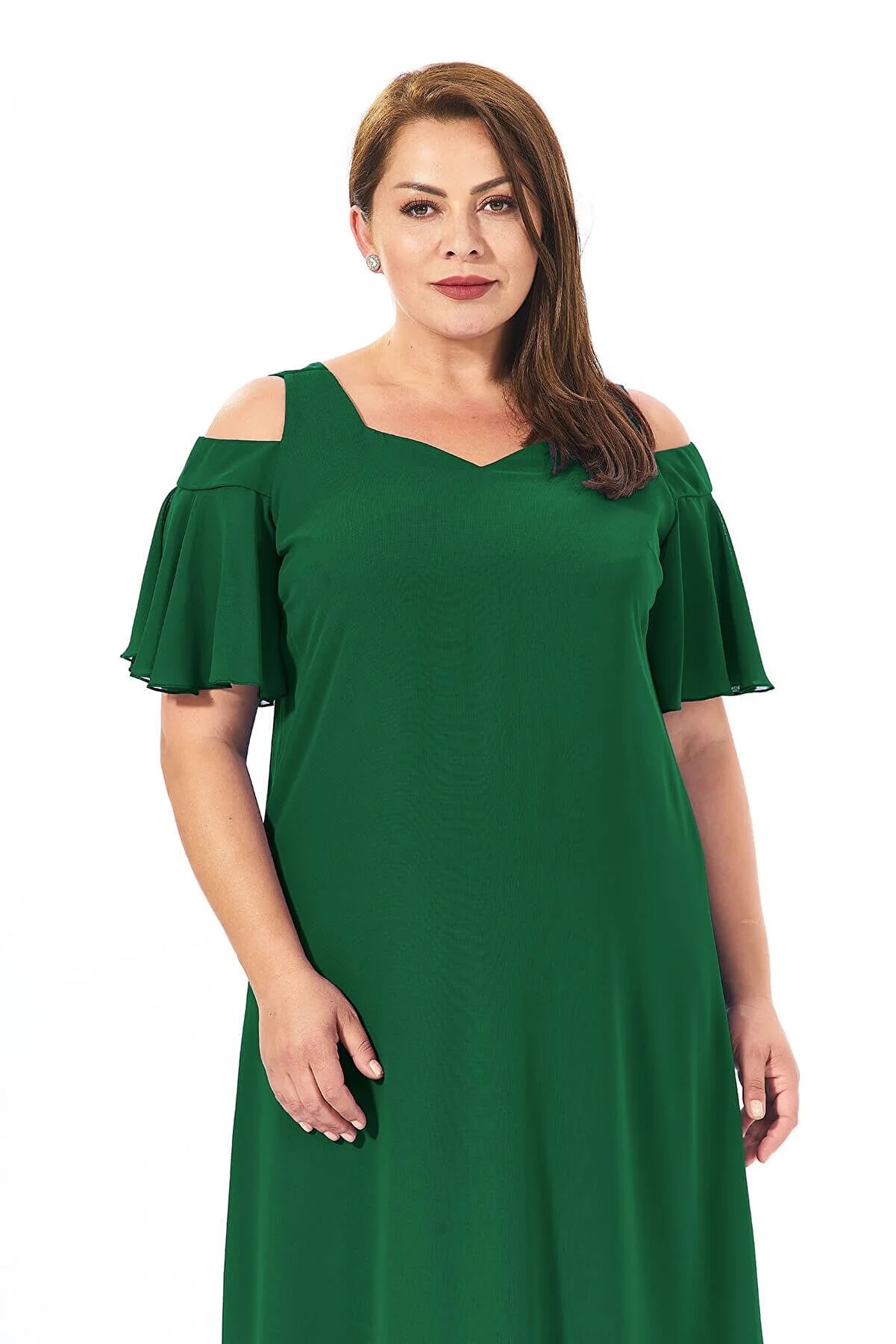 Kadın Büyük Beden Yeşil Omuz Dekolteli Şifon Abiye Elbise