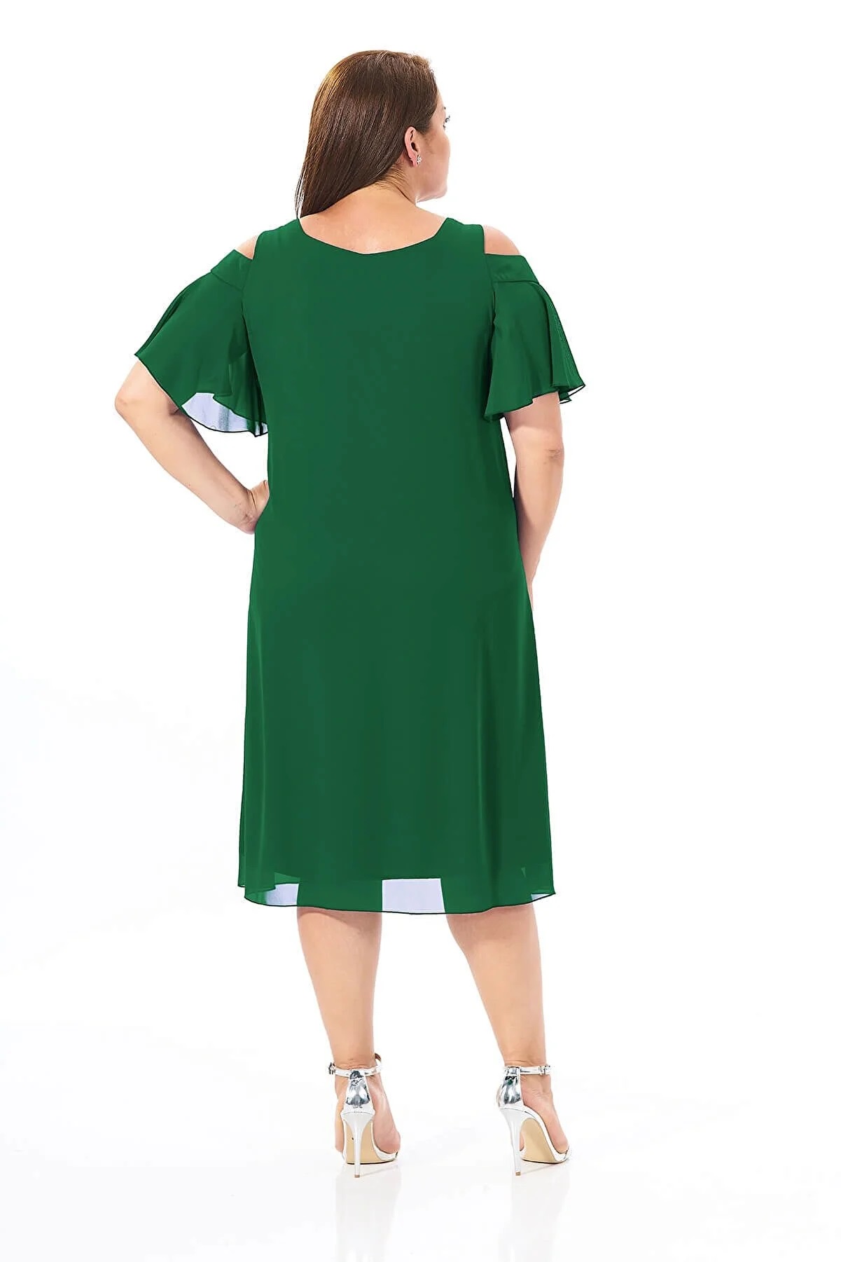 Kadın Büyük Beden Yeşil Omuz Dekolteli Şifon Abiye Elbise